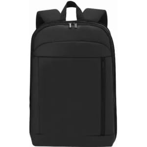 A black backpack with a spacious main compartment and a front zip pocket. It features two shoulder straps.