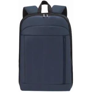 A navy backpack featuring a front pocket and dual shoulder straps, with a sleek, minimalistic design.