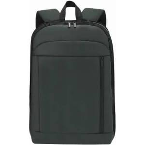 A backpack in dark grey with a front zip pocket and dual shoulder straps, featuring a logo on the front.