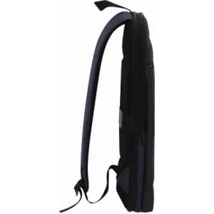 A sleek black and navy laptop bag with a side zipper and adjustable straps. It features a logo.