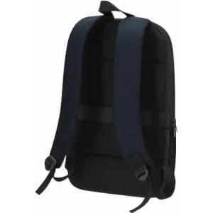 A black and navy backpack featuring padded shoulder straps and a zippered compartment, designed for comfort and functionality.
