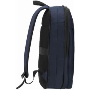 A navy blue backpack with adjustable straps and a zipper closure, featuring a side profile view.