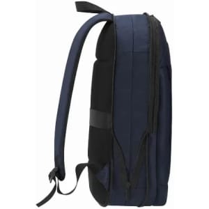 A navy blue backpack with a sleek design and adjustable straps, featuring a zippered compartment on one side.