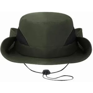 A green hat with a wide brim and mesh side panels, featuring a chin strap for secure wear.