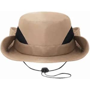 A tan outdoor hat with a wide brim, featuring a mesh band and an adjustable chin strap.