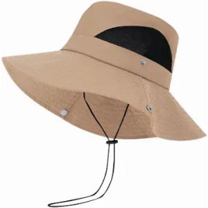 A wide-brimmed sun hat in beige with a mesh band and adjustable chin strap. It features buttons on the sides.