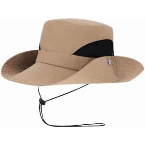 A wide-brimmed hat in tan and black featuring a chin strap and a textured surface. It has a small logo on the side.