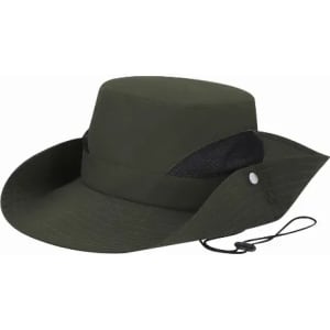 A wide-brimmed hat in dark green with a mesh panel and adjustable chin strap.