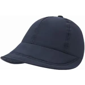 A navy blue cap features a curved brim and a soft, structured design, with a logo present on the side.