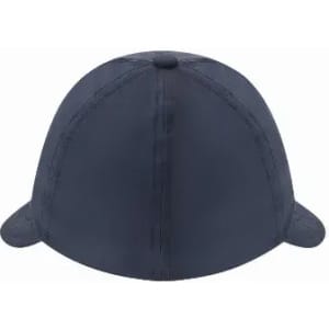A navy blue cap featuring a rounded top and stitched detailing, with ear flaps on either side.