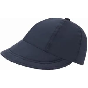 A navy blue cap with a curved brim and a structured design, featuring a logo on the side.