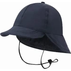 A navy blue hat with a wide brim and adjustable chin strap. Features a smooth finish and rounded crown.