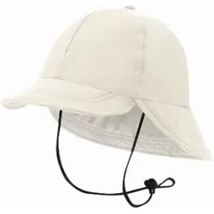 A sun hat in light beige with a wide brim and adjustable chin strap. Features a simple design with no visible branding.
