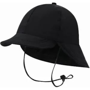 A black sun hat with a wide brim and adjustable chin strap, featuring a simple design without logos.