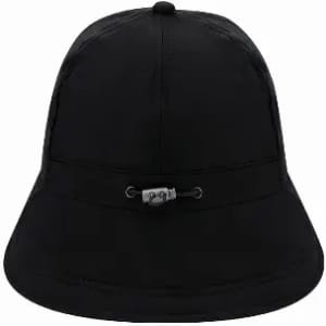 A black bucket hat with a chin strap and a small decorative buckle. The hat features a smooth, uniform texture.