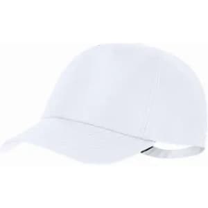 A white cap with a curved brim and an adjustable strap at the back, featuring a logo on the side.