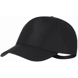 A black cap with a curved brim and an adjustable strap at the back. It features a logo on the side.