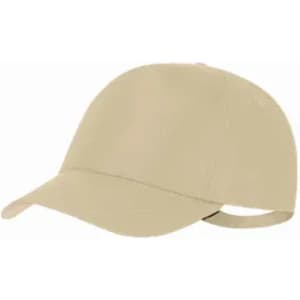 A beige cap with a curved brim and adjustable back strap. The cap features a branding logo on the side.