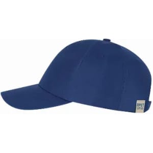 A navy blue cap with a curved brim and a small branding tag on the side.