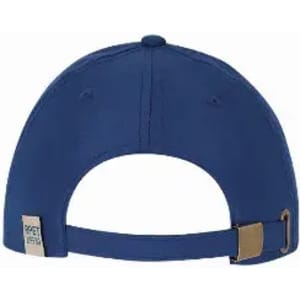 A blue cap featuring an adjustable strap at the back and a small branding tag on the side.