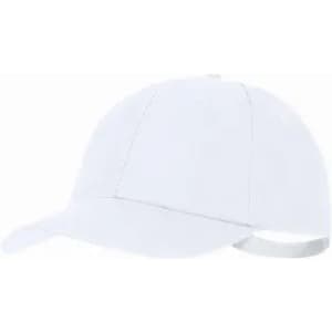 A white cap with a curved brim and adjustable strap at the back. It features a logo on the side.
