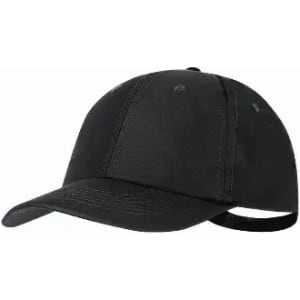 A black cap with a curved brim and an adjustable strap at the back, featuring a plain design.