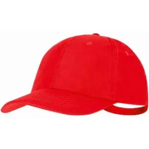A red cap with a curved brim and adjustable strap at the back, featuring a logo on the front.