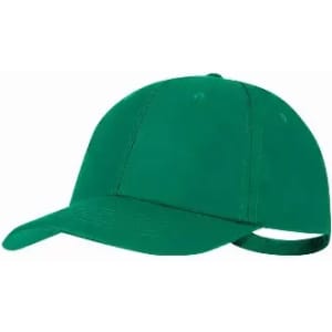 A green cap featuring a curved brim and an adjustable strap at the back. It has a plain design with no logos.