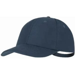 A navy blue cap with a curved peak and adjustable strap at the back. It features a logo on the front.