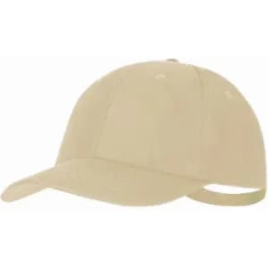 A beige cap with a curved brim and adjustable strap at the back, featuring stitching detail.