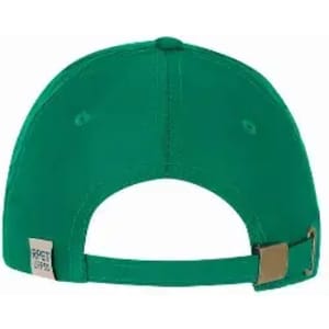 A green cap featuring a metal buckle and an adjustable strap at the back.