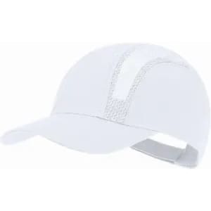 A white cap featuring a textured design and a curved brim, complete with a branded logo.