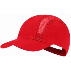 A red cap with a mesh panel and an adjustable strap at the back, featuring a rounded peak.