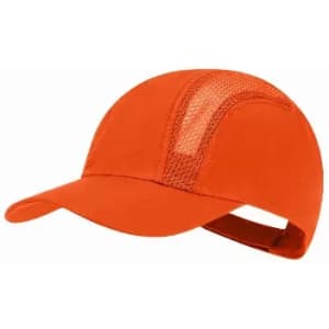 An orange cap with a mesh panel and an adjustable strap at the back. It features a rounded crown and a curved brim.