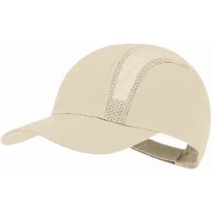 A beige cap featuring a textured design and a curved brim. The cap includes an adjustable strap at the back.