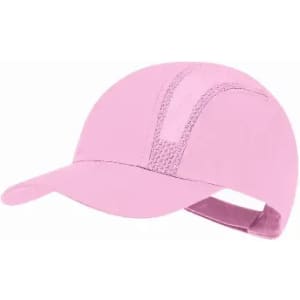 A pink cap with a structured design and a curved brim, featuring a logo on the front.