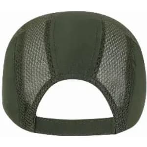 A green cap featuring a mesh back design. It has an adjustable strap for a secure fit.
