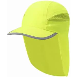 A bright yellow cap featuring a wide brim and mesh panels for ventilation. It includes a logo on the side.