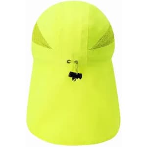 A bright yellow cap with a mesh design at the back, featuring an adjustable toggle for fitting.
