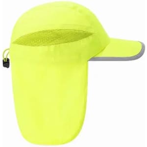 A bright yellow cap with a mesh panel and an extended back for sun protection. It features a grey trim.