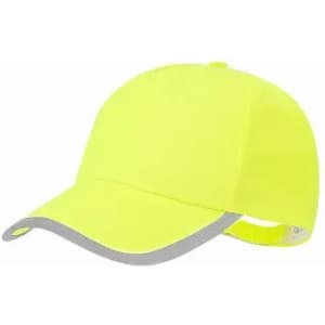 A cap in bright yellow with a grey brim and reflective accent. It features a logo on the side.