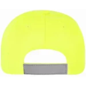A cap with a bright yellow exterior and a grey adjustable strap at the back. It features a logo on the side.
