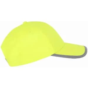 A cap in bright yellow with a grey peak, featuring a logo on the side.