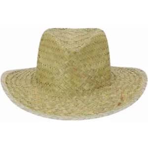 A straw hat in a natural tan colour with a wide brim and a structured crown.