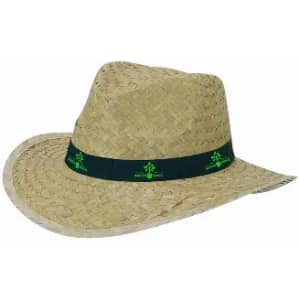 A straw hat with a wide brim and a dark band featuring a logo. The hat is light brown in colour.