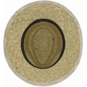 A straw hat with a wide brim, featuring a black band around the inner edge. The hat is light brown in colour.