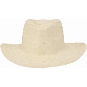 A straw hat in a light beige colour with a wide brim and a rounded crown, featuring a woven texture.