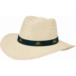 A straw hat with a wide brim and a black band, featuring a decorative logo. The hat is light beige in colour.