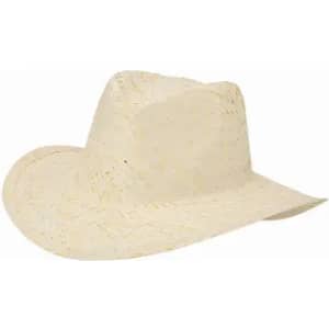A straw hat in a light beige colour with a wide brim and a flat crown. It features a woven design.