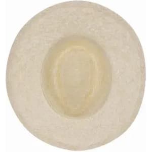 A straw hat in a light beige colour with a rounded, wide brim and a textured weave. It has a simple design.